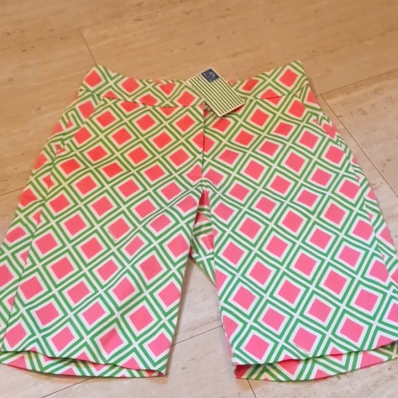 Melly M Pants - New Melly M Pink/Green Geometric Design Bermuda Shorts